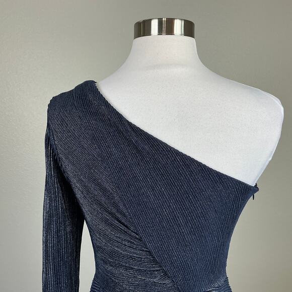 Betsy & Adam Metallic One Shoulder Midi Sheath Cocktail Party Dress Blue Size 6 - Picture 8 of 11